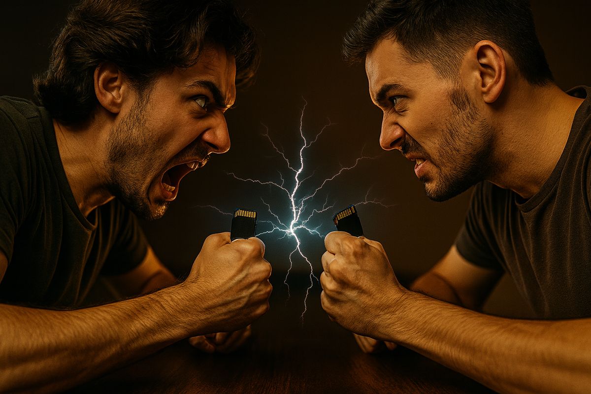Two fierce competitors face off, gripping SD cards tightly with lightning crackling between them, raw emotion and intense rivalry in their eyes, capturing the dramatic showdown and thrilling tension of the ultimate SD card battle.