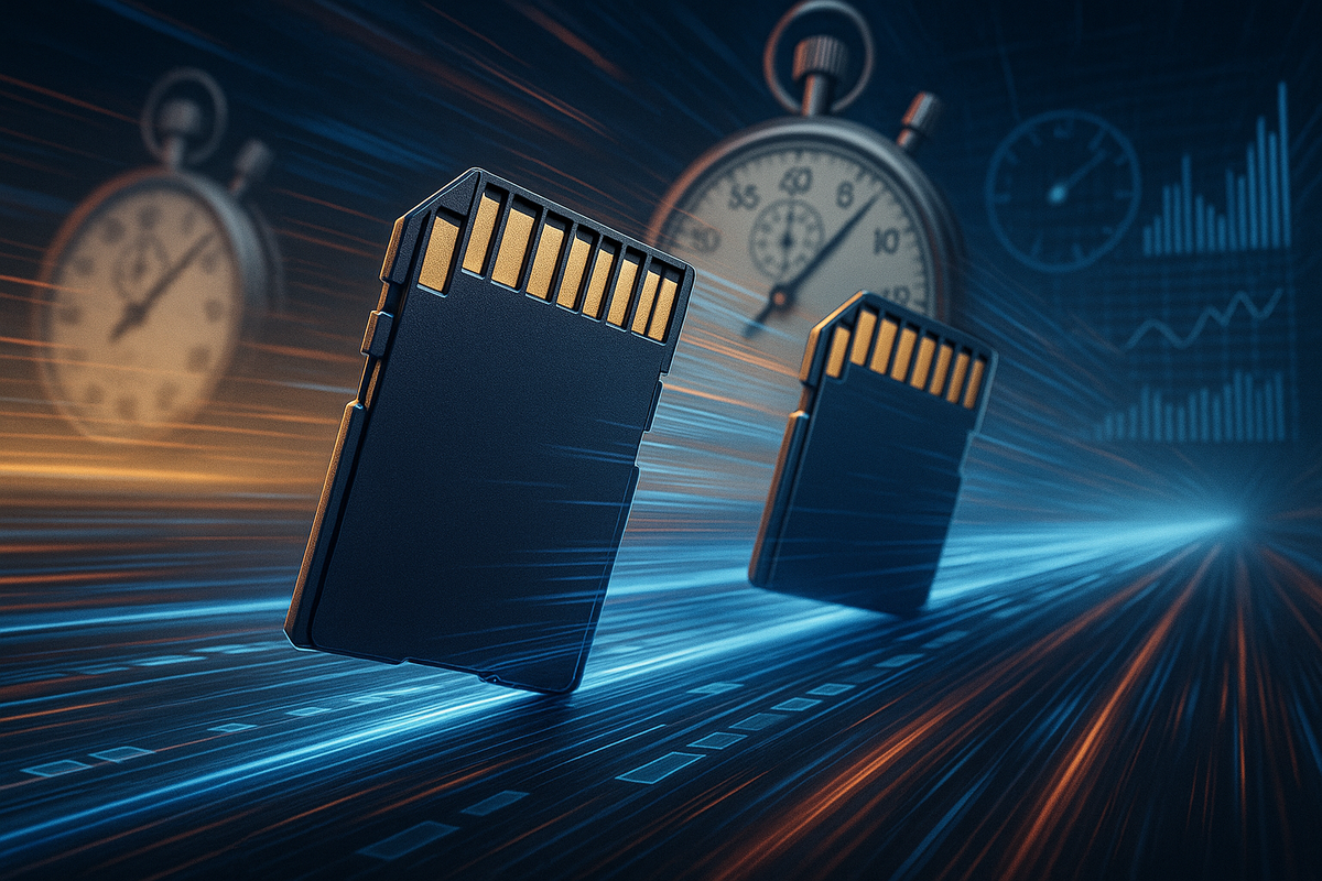 Two SD cards racing along digital tracks, motion blur and stopwatches in the background, exuding speed, adrenaline, and the exhilarating rush of a high-stakes performance showdown.