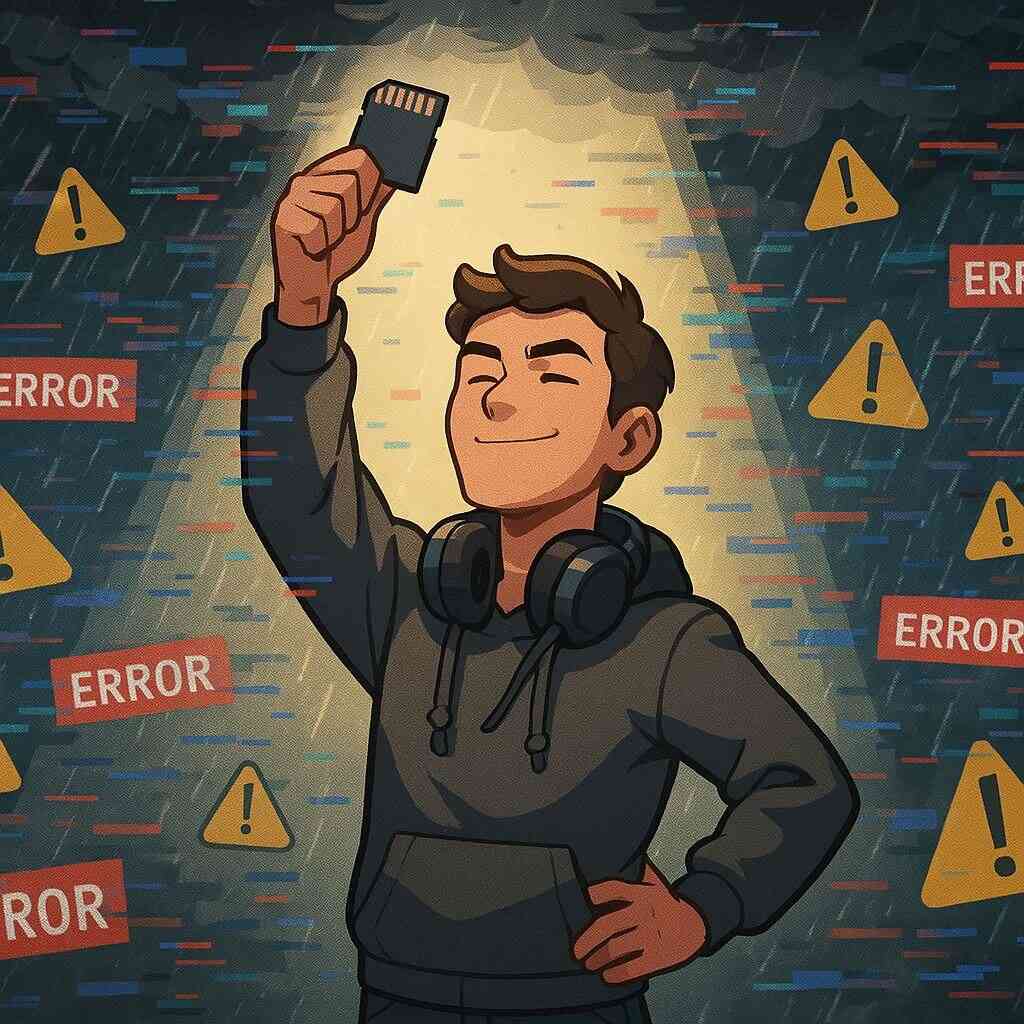 A confident gamer stands proudly in a spotlight, holding an SD card high as error messages and warning icons swirl in the background, radiating relief, trust, and the comforting power of making the right choice.