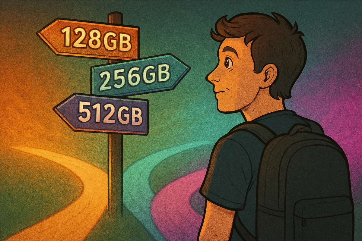 A hopeful gamer stands at a crossroads marked 128GB, 256GB, and 512GB, each path glowing with vibrant colors, expressing anticipation, excitement, and the heartfelt hope of finding the perfect storage for their adventure.