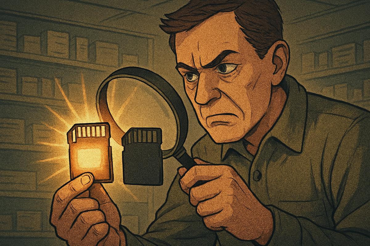A serious shopper examines two SD cards under a magnifying glass, one card glowing with authenticity while the other lurks in shadow, evoking vigilance, caution, and the peace of mind that comes with spotting the real deal.