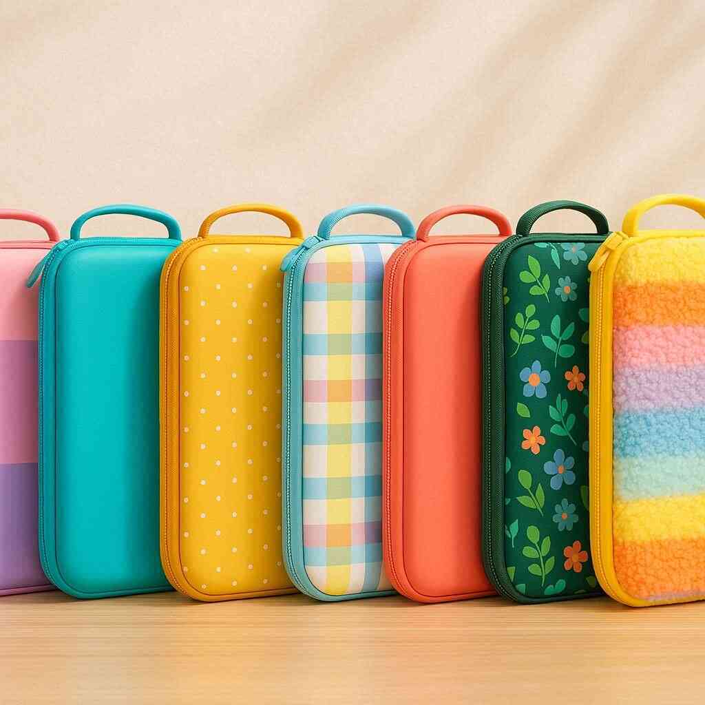 A vibrant lineup of colorful Switch2 carrying cases on display, each unique and stylish, sparking feelings of joy, anticipation, and the fun of choosing the perfect match.