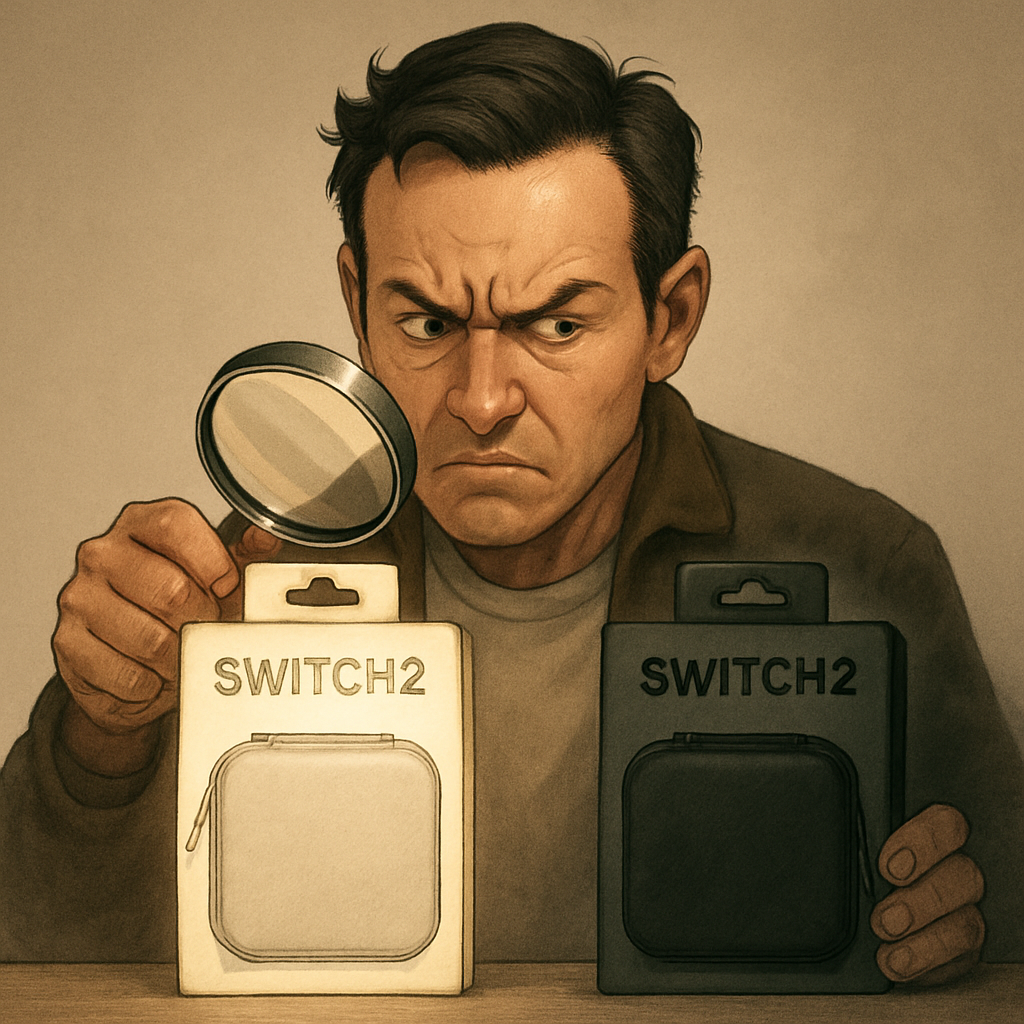 A wary shopper examines two Switch2 cases with a magnifying glass, brows furrowed with determination, emphasizing caution, vigilance, and the peace of mind in making a safe choice.