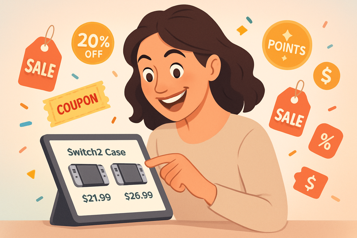 A delighted shopper compares Switch2 case prices on a tablet, surrounded by sale tags, coupons, and points icons, radiating joy, excitement, and the thrill of smart savings.