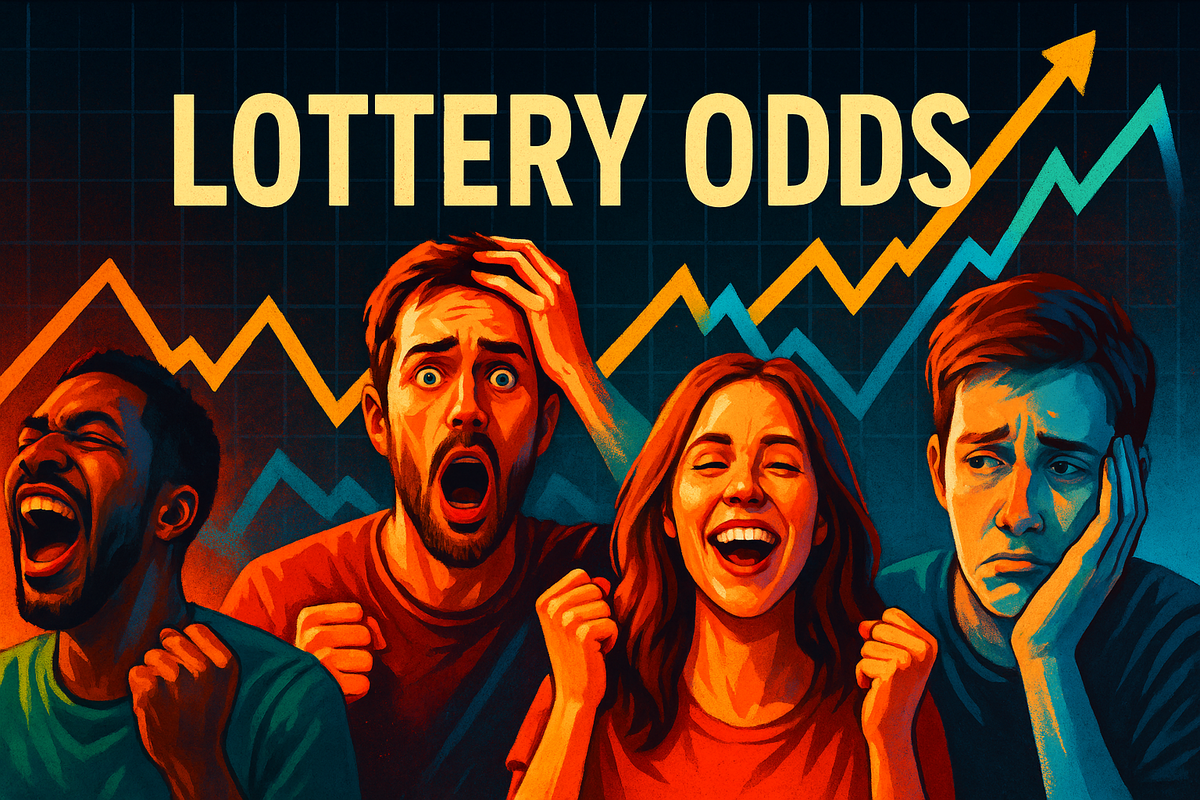 Dramatic chart lines behind four people showing pure excitement, disbelief, relief, and worry. Vivid lighting, intense reactions.
