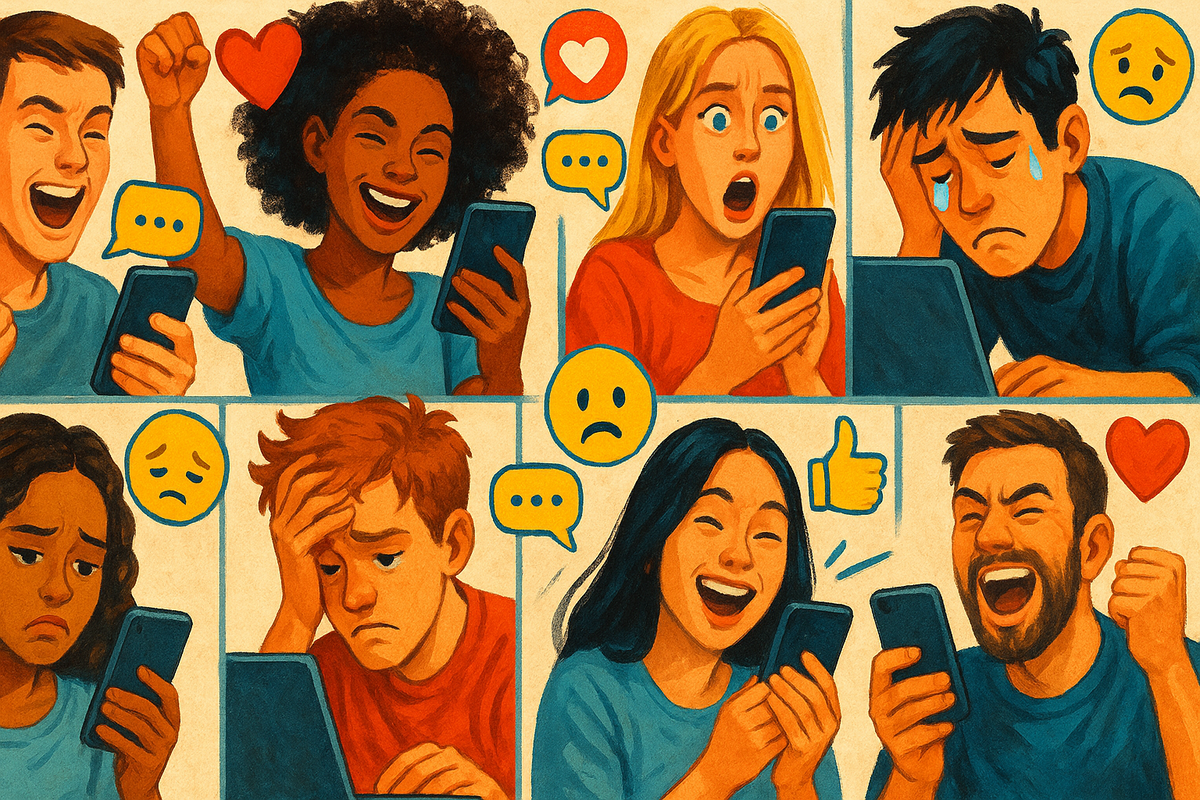 Comic-style split panels of diverse people looking at their phones, some celebrating wildly, others in disbelief or disappointment, with expressive emoji overlays.  