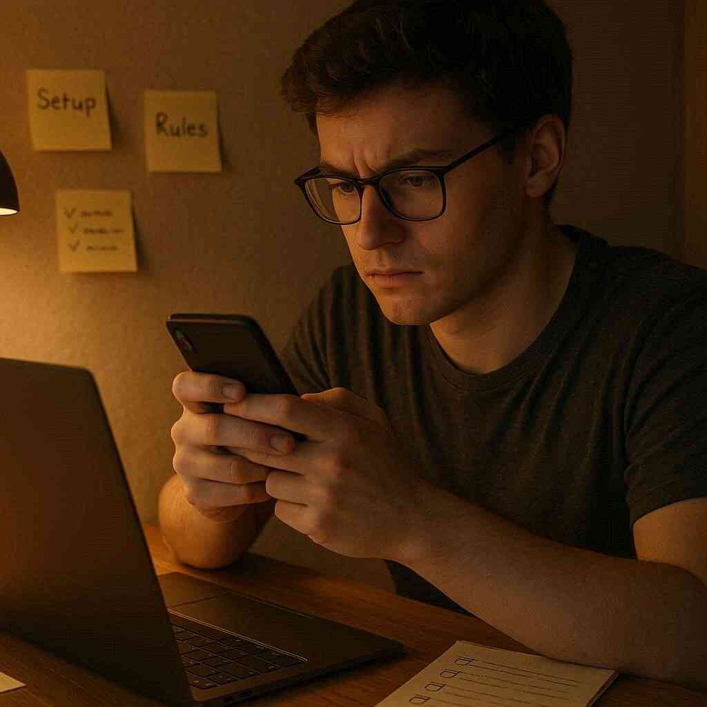 A focused gamer sitting at a desk, studying rules and checklists on their phone, surrounded by notes, looking determined but tense.