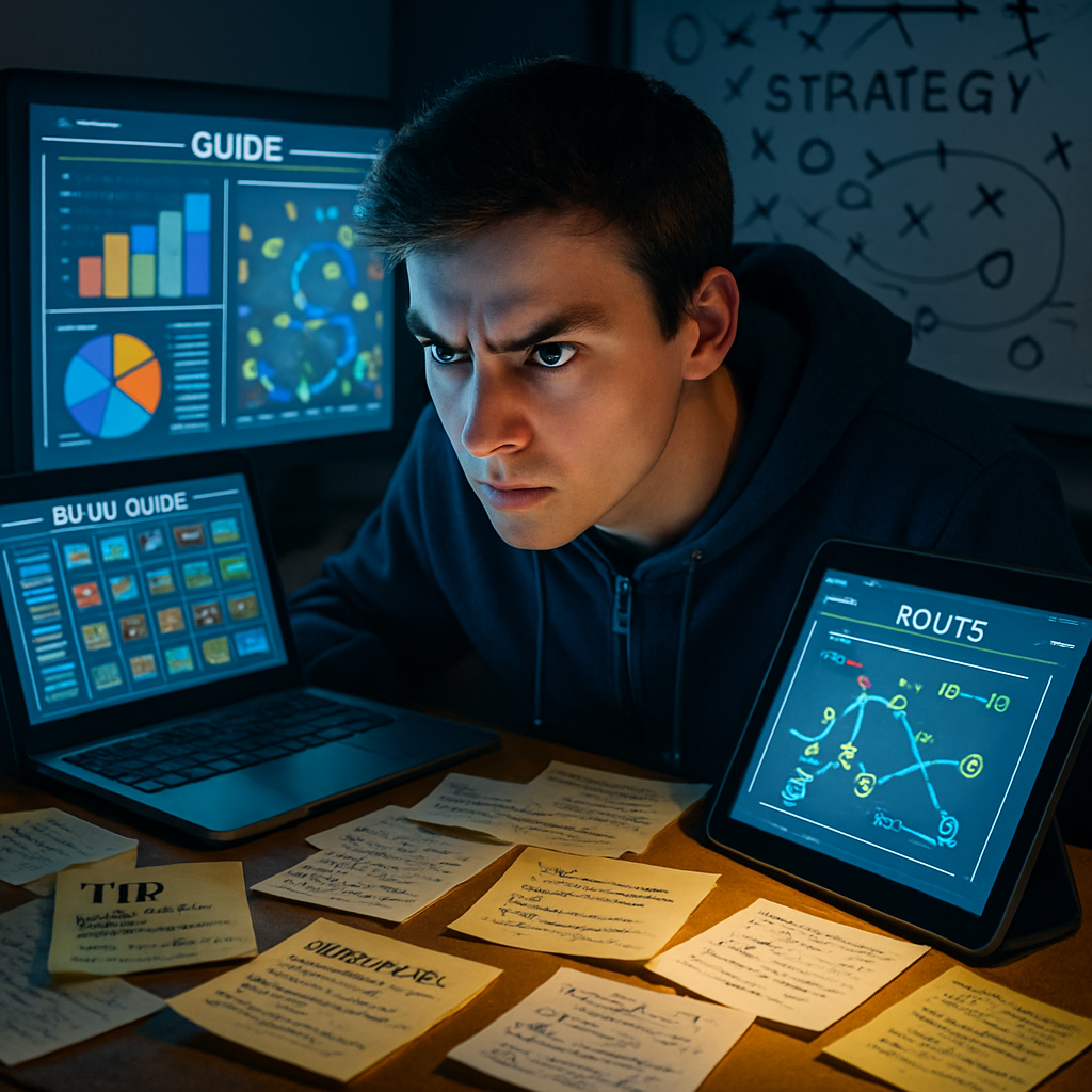 A gamer at night surrounded by monitors and sticky notes, fiercely strategizing, eyes burning with ambition and determination.
