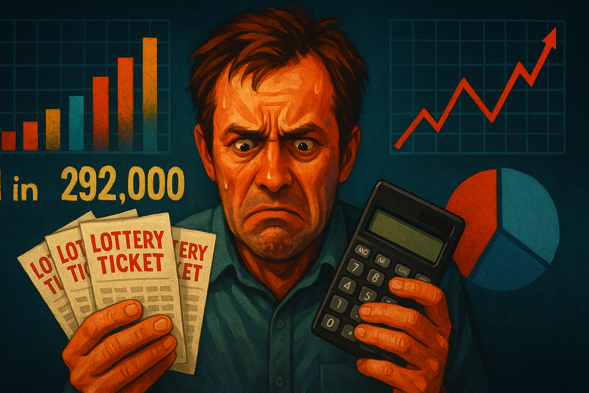 A frustrated man clutching lottery tickets and a calculator, overwhelmed by impossible odds, surrounded by rising charts—despair and disbelief in the chaos of chance.
