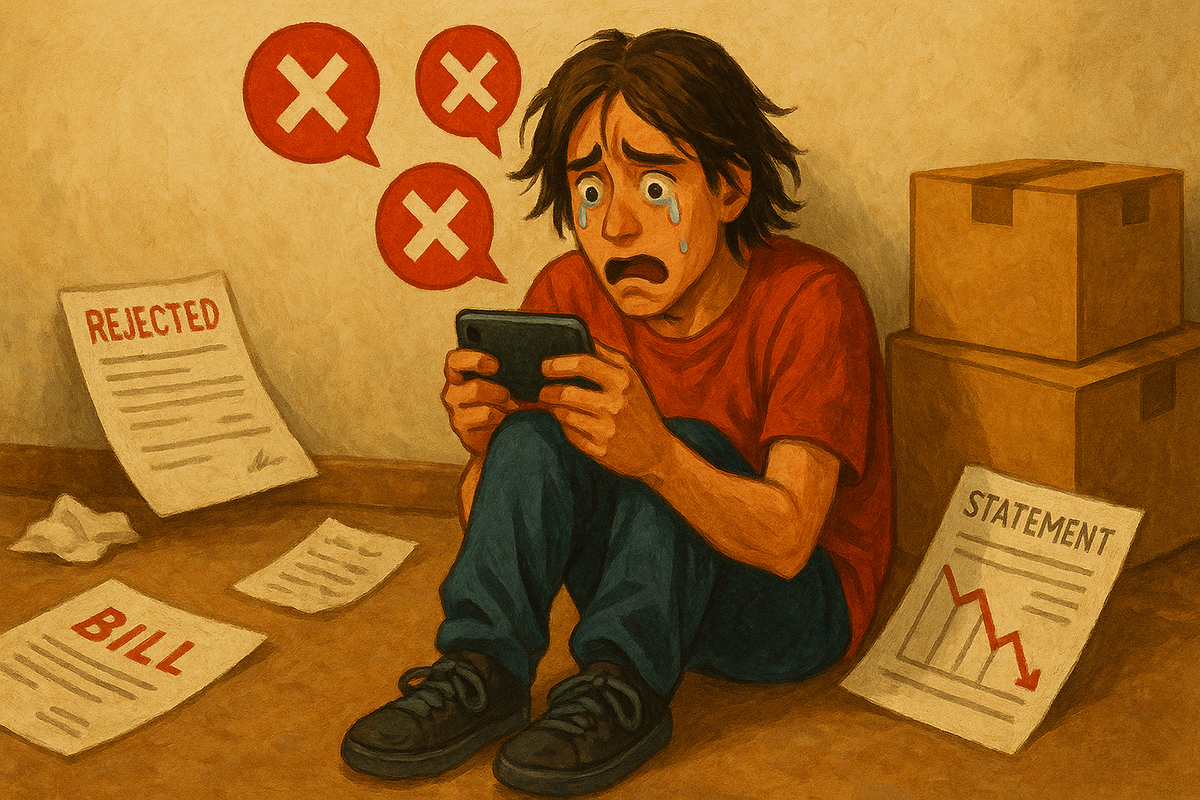 A crying young man sitting alone, devastated as he checks his phone, surrounded by bills and rejection letters—raw disappointment and heartbreak in a crushing moment.