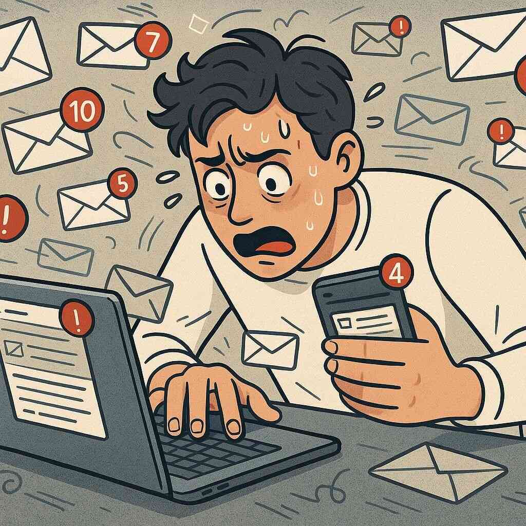 A panicked person sweating as they search through a sea of email notifications, laptop and smartphone in hand—overwhelmed anxiety and urgent confusion fill the air.