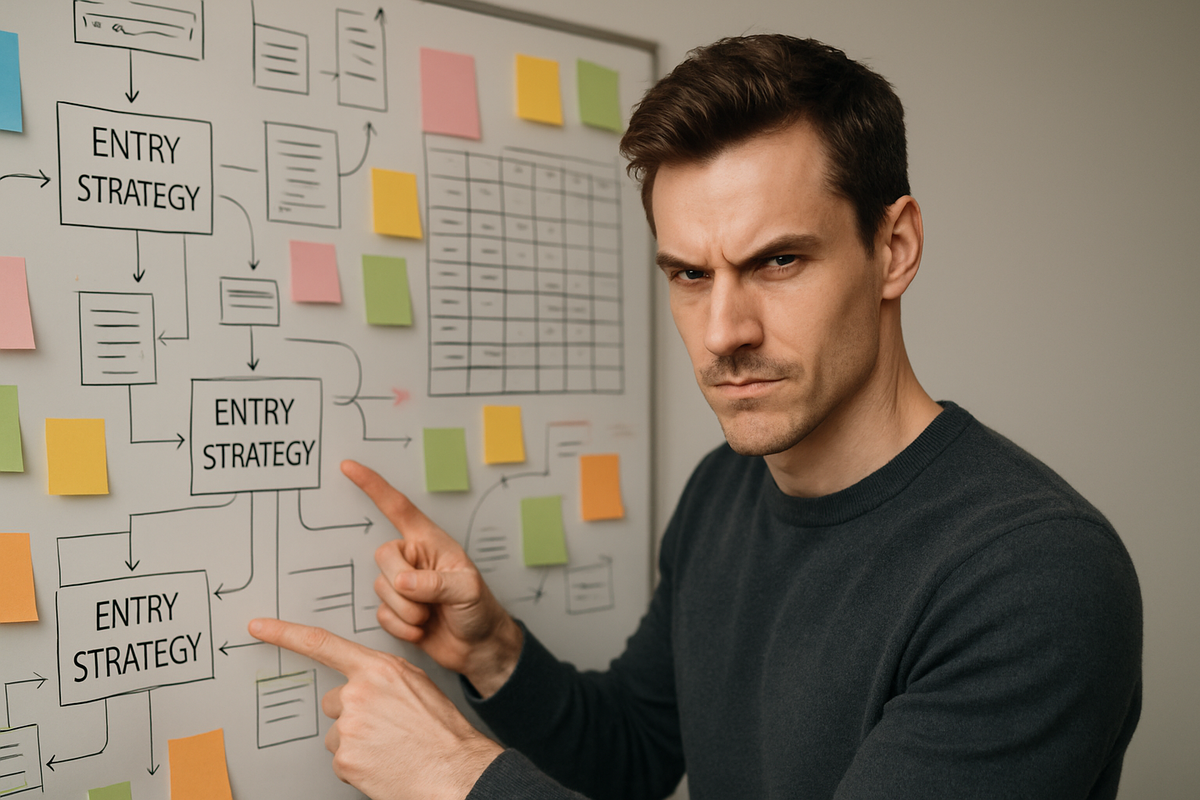 A fiercely determined strategist pointing at a whiteboard covered in colorful sticky notes and entry plans—laser-focused resolve and ambition, ready to seize opportunity.