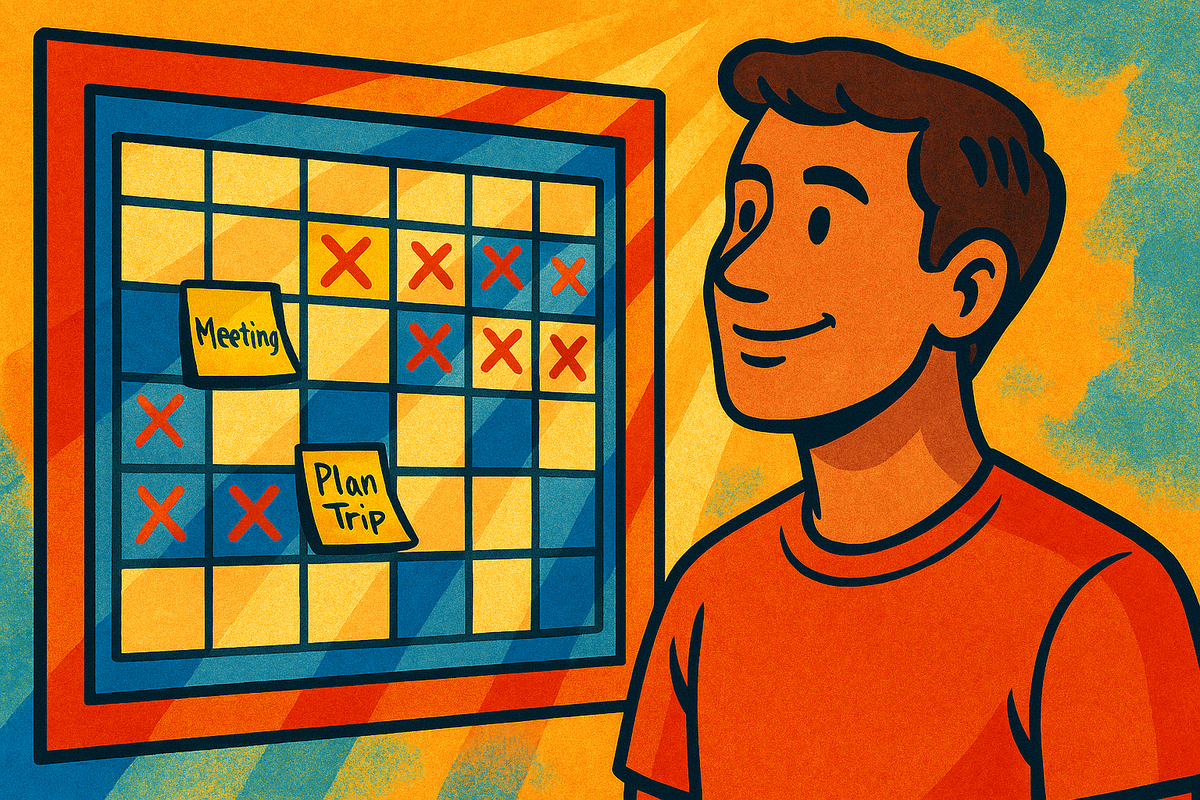 A smiling person gazing at a calendar filled with bright X marks and sticky notes—hopeful anticipation and positive energy for the future, ready for the next challenge.