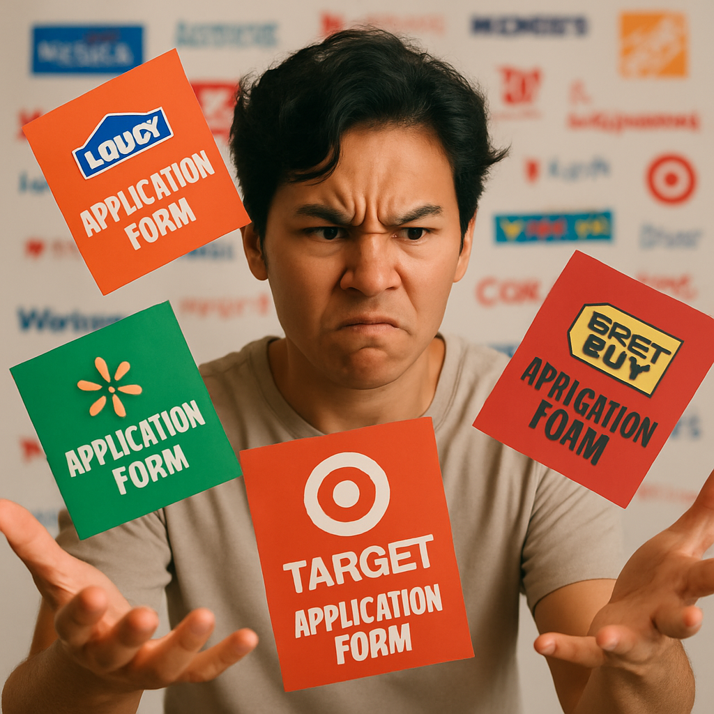 A frustrated person juggling multiple colorful application forms, determination and stress etched on their face—caught in the storm of choices, striving for the perfect win.