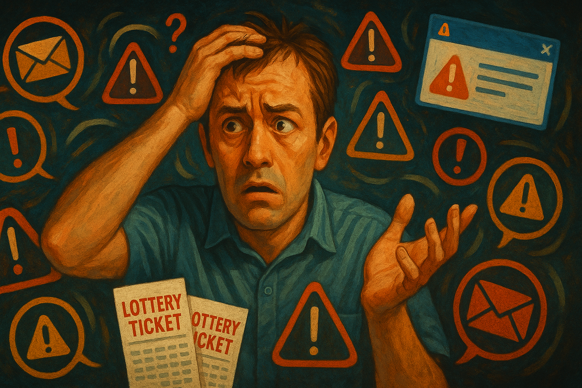 A distressed man surrounded by warning icons and lottery tickets, overwhelmed by confusion and digital chaos—raw emotion and urgent frustration in the search for answers.