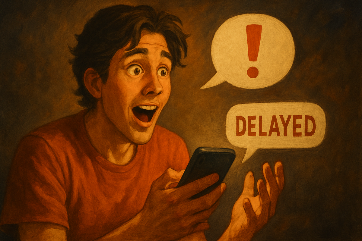 A young man’s shocked face lighting up with surprise and hope as he finally receives a delayed message, capturing the rollercoaster of disappointment turning to joy—emotional twist and dramatic relief.