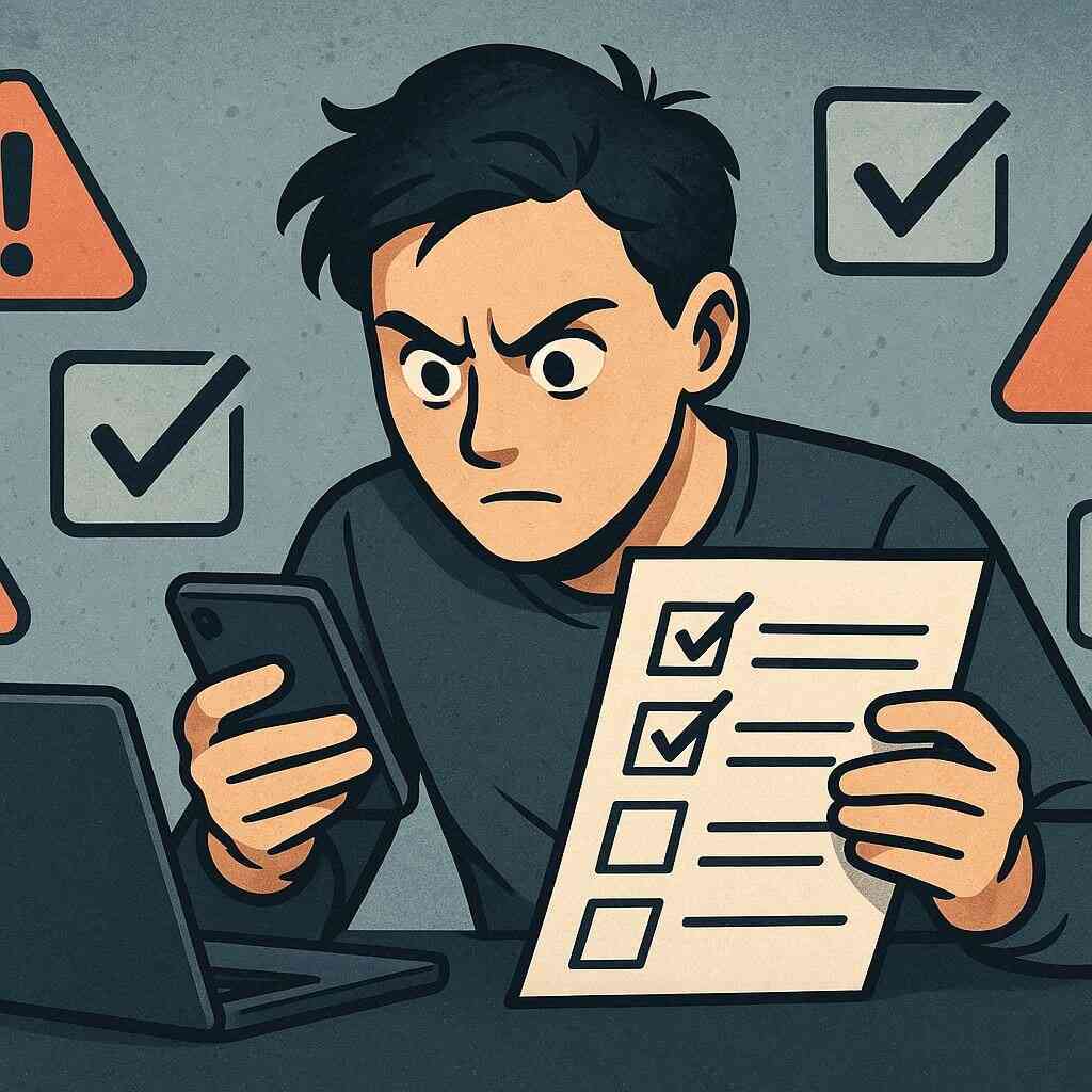 A determined person checking a checklist, eyes focused with urgency, surrounded by check marks and warning signs—problem-solving energy and intense concentration under pressure.