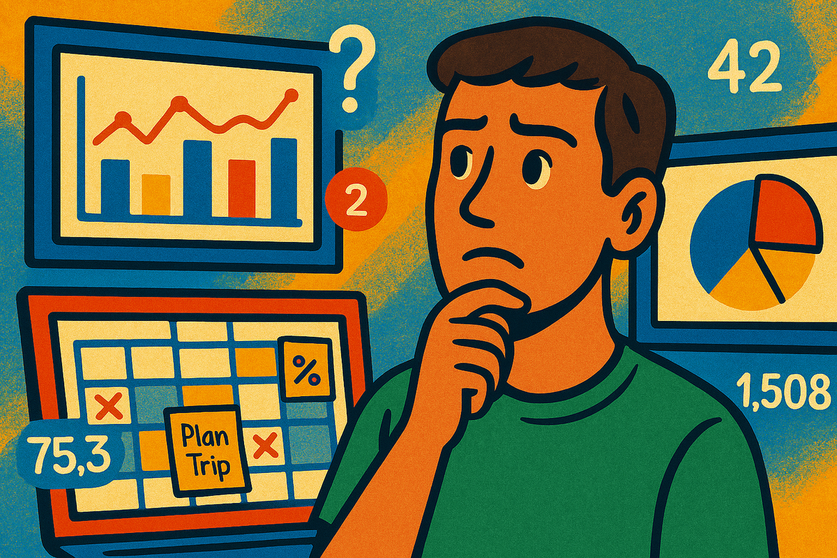 A puzzled person surrounded by floating data charts and question marks, deep in thought, seeking hidden truths and answers—mystery, curiosity, and analytical wonder.