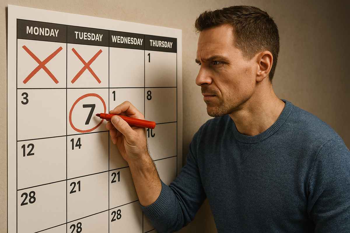 A focused man boldly circling a date on a giant calendar, face set with determination—taking action and transforming frustration into motivation for the next big chance.