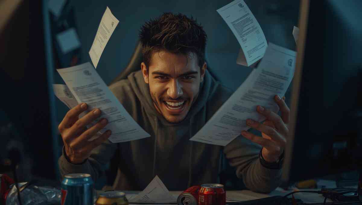 A passionate gamer with a triumphant smile, holding multiple application forms in a whirlwind of energy, filled with ambition and relentless drive to win—joy, victory, and unstoppable confidence.