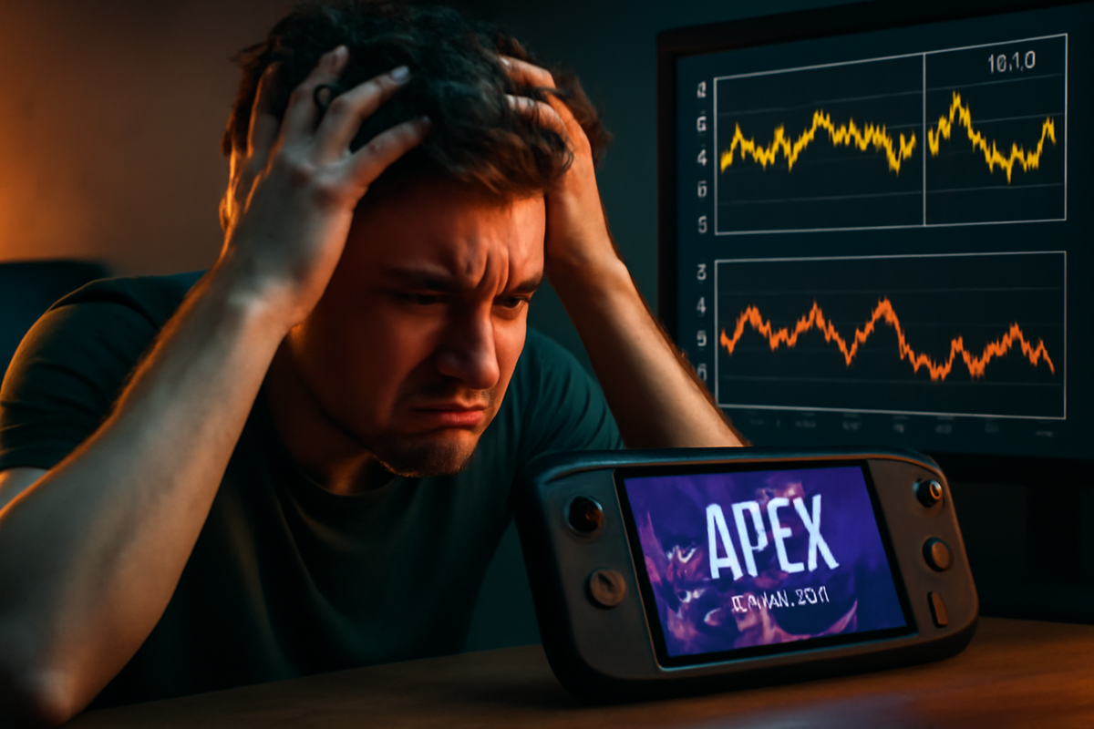 A frustrated gamer holding their head in despair while staring at a Switch console with Apex on screen, performance graphs showing fluctuating fps—pure disappointment and struggle to boost performance.