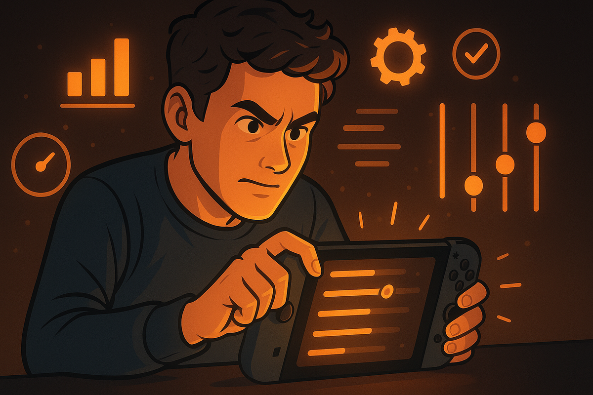 A determined player adjusting in-game settings on a portable console, glowing sliders and stats icons around them, intense focus and hope for a breakthrough—relentless drive for better fps.