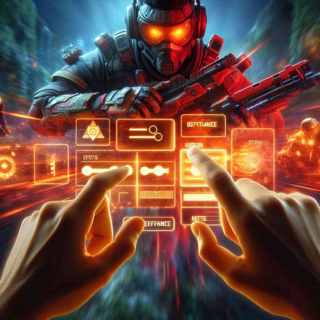 Hands navigating futuristic game settings, blazing orange interface, an Apex character ready for action in the background—excitement, anticipation, and the quest for dramatic improvement.