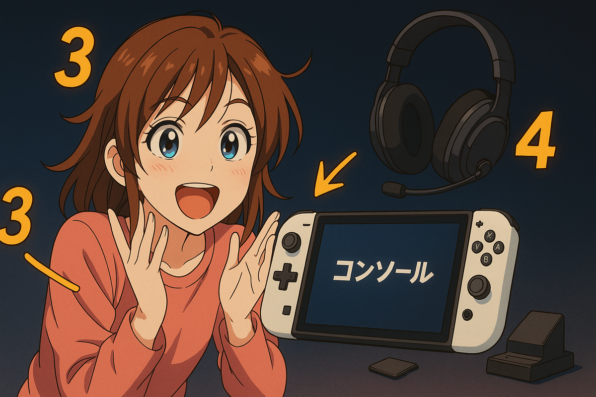 A cheerful anime girl surrounded by top gaming accessories and ranking numbers, joyfully introducing the best gear for Switch2—enthusiasm and happiness for a perfect setup.
