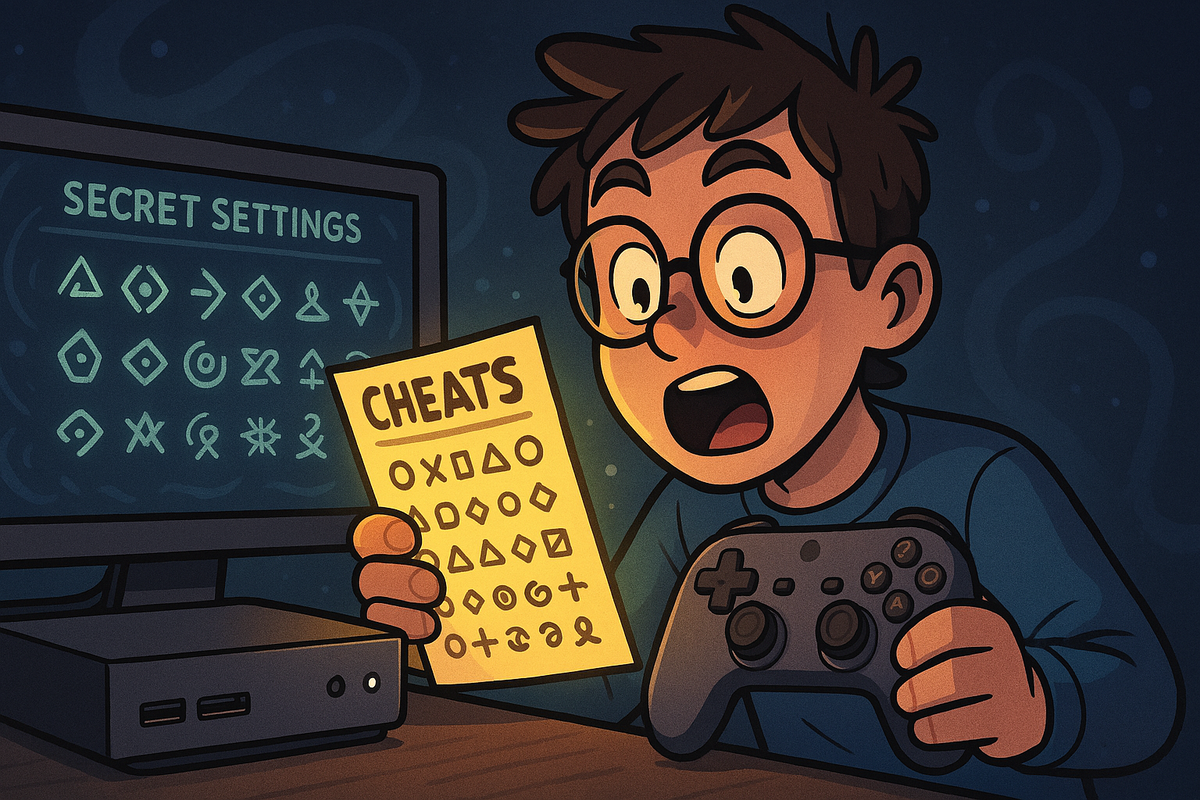 A shocked gamer holding a controller, discovering a secret cheatsheet in front of a monitor full of mysterious codes—excitement, surprise, and the thrill of unlocking hidden tricks.