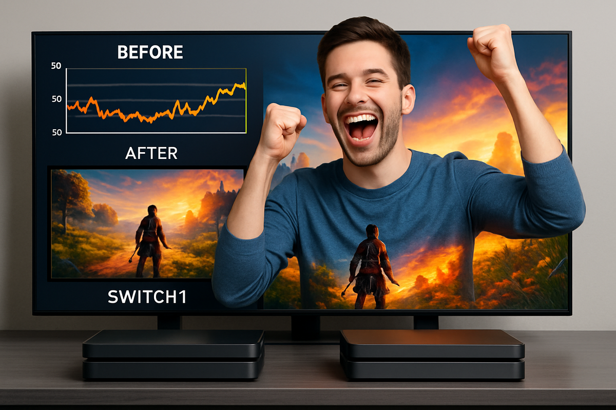 A wildly excited gamer celebrating in front of a TV showing before-and-after performance charts, Switch consoles side by side—pure victory, progress, and the joy of game-changing upgrades.