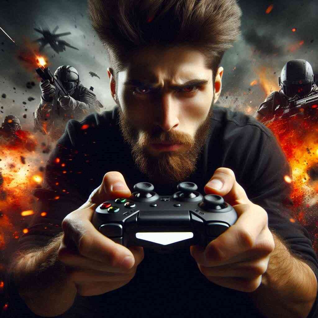 A passionate gamer grips a controller with fierce focus, explosions and intense action scenes in the background, radiating adrenaline and determination.