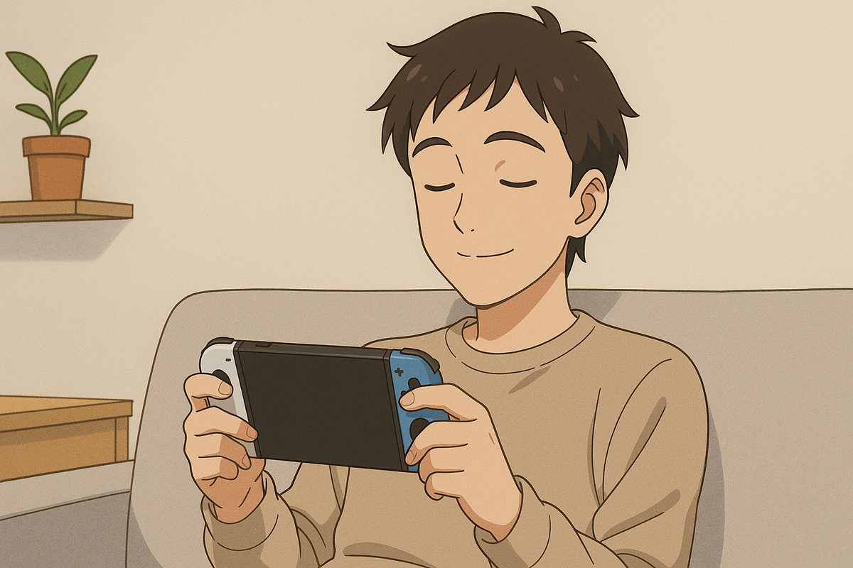 A relaxed boy enjoys gaming on the sofa, eyes closed and smiling peacefully, radiating comfort and satisfaction in his own style.