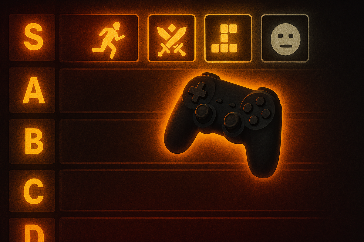 A glowing controller at the center of a dramatic tier ranking chart, with vivid icons for different game genres, evoking excitement and decision.