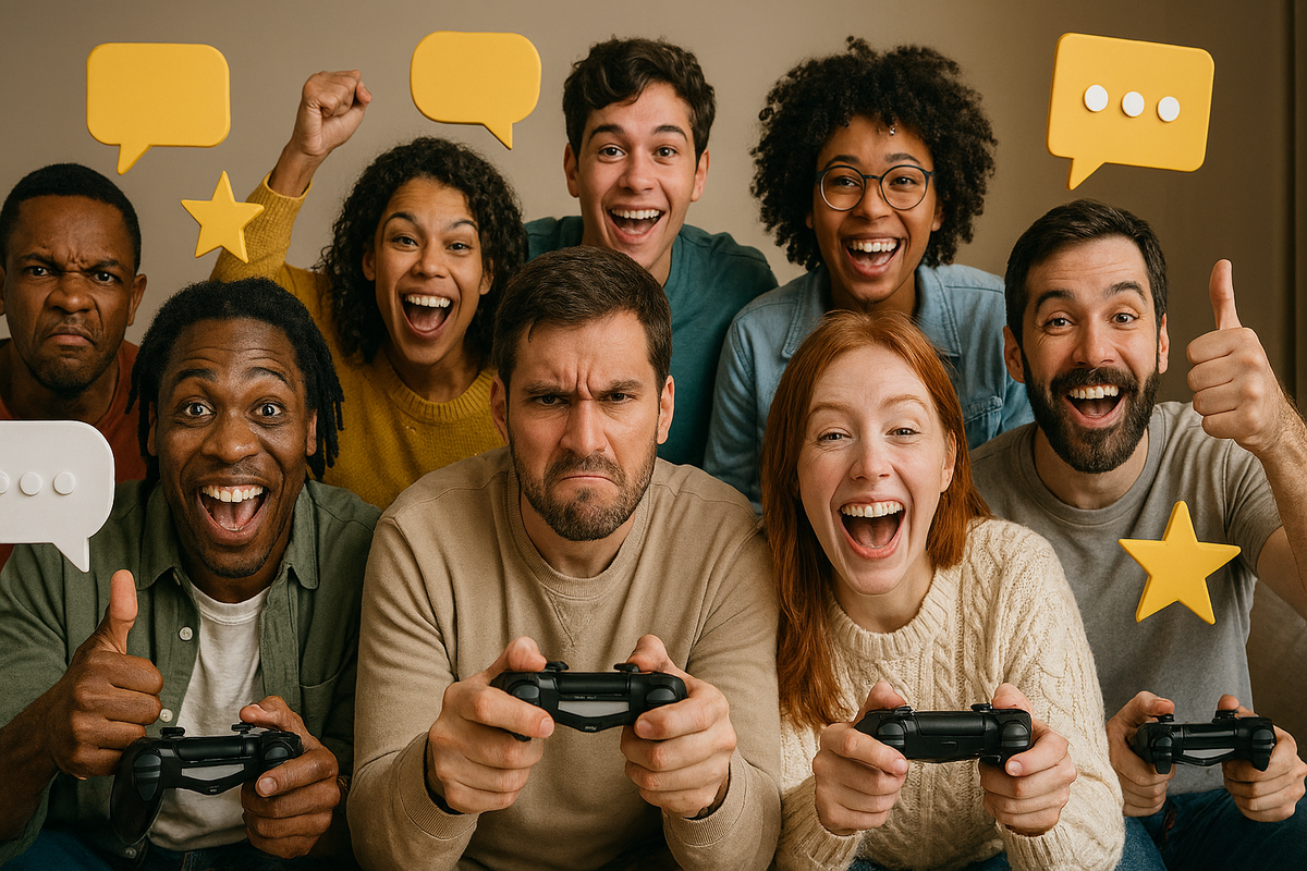 A diverse group of gamers shows a mix of joyful, surprised, and frustrated reactions while playing together, with animated speech bubbles and stars, bursting with real emotions.