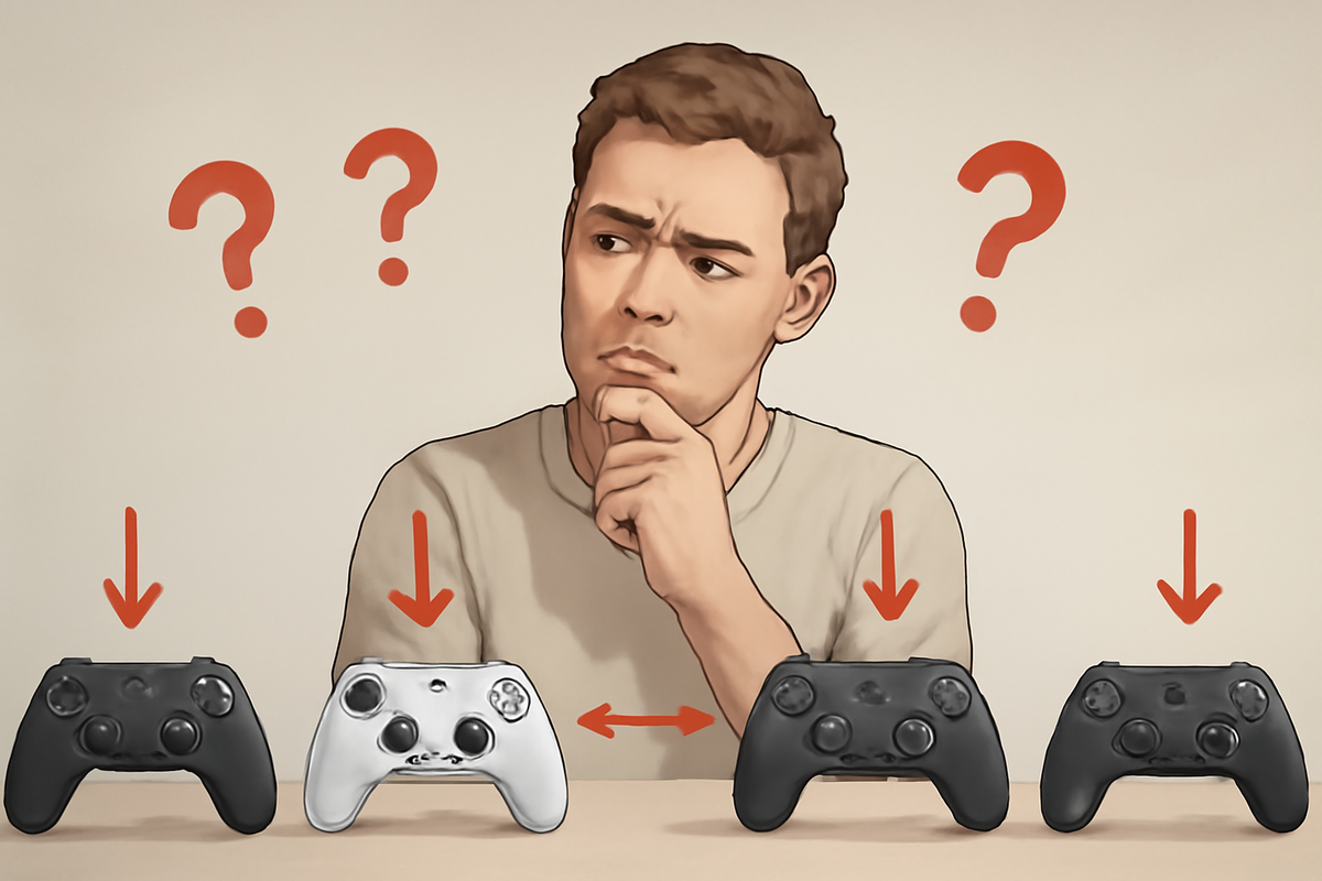 A thoughtful man compares several different controllers lined up in front of him, surrounded by question marks, capturing his confusion and curiosity.