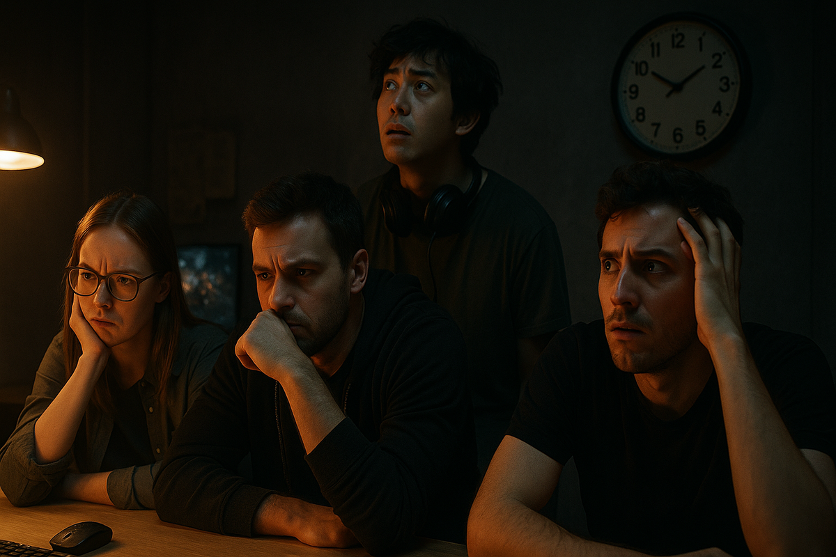 A group of friends anxiously watching late night news, tension and suspense visible on their faces, uncertainty and hope in the air