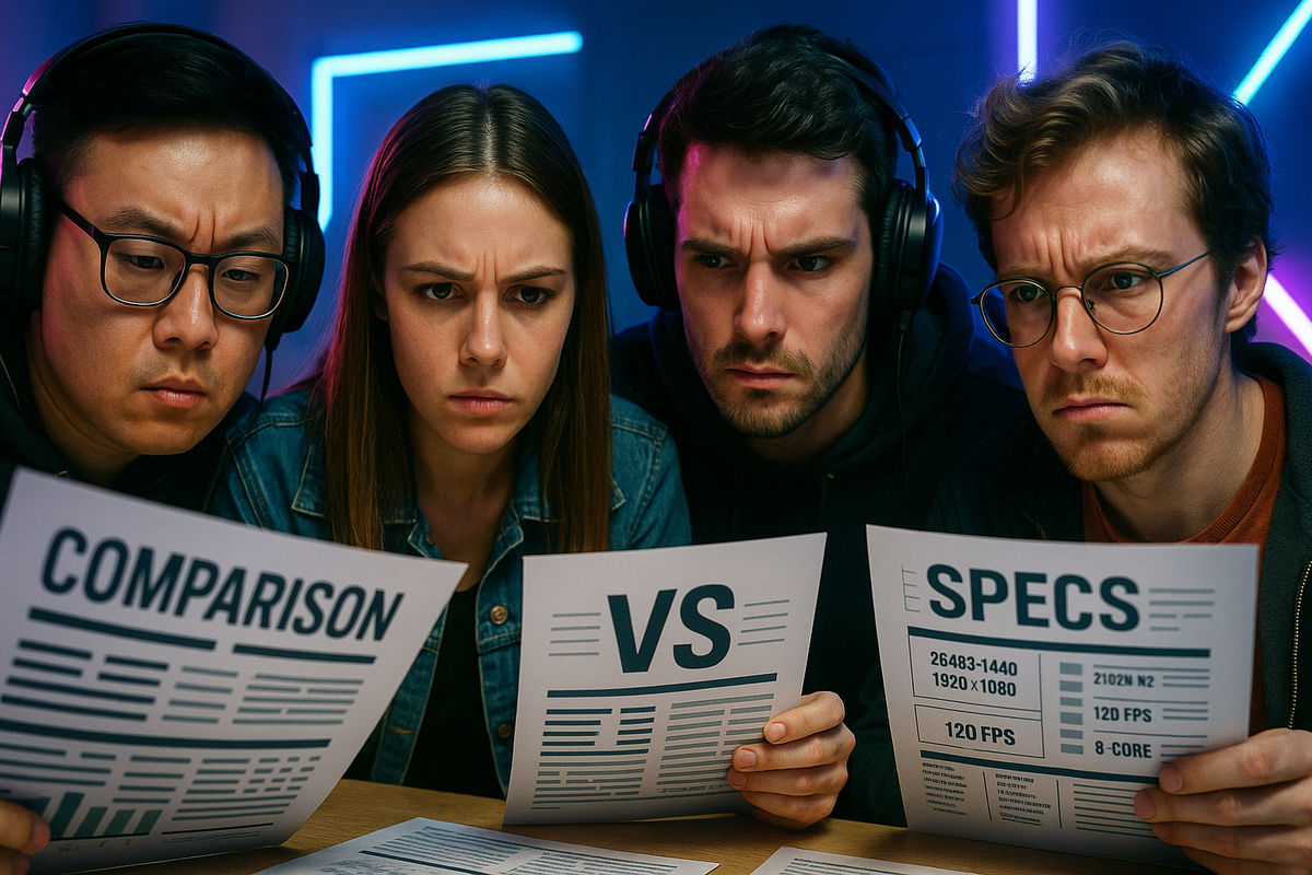 Focused team comparing specs and performance sheets, intense concentration and curiosity, searching for the ultimate answer
