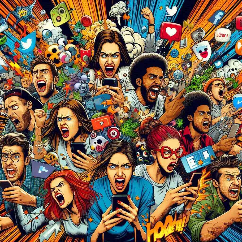 Explosive emotional reactions on social media, fans screaming, cheering and venting as game news breaks out, digital chaos and excitement everywhere