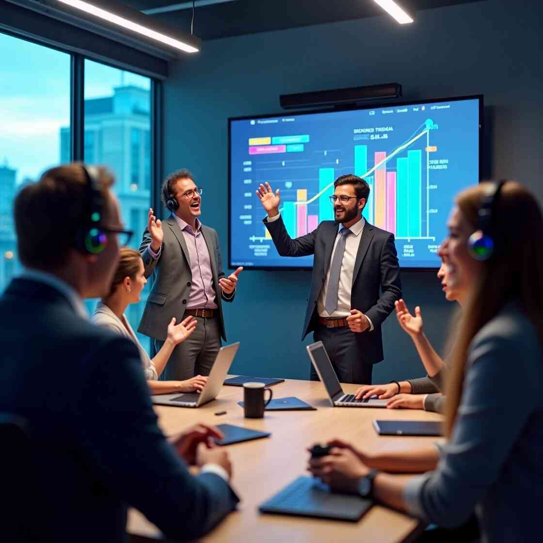 Business professionals celebrating a game-changing breakthrough, joy and optimism lighting up the office as charts show soaring success