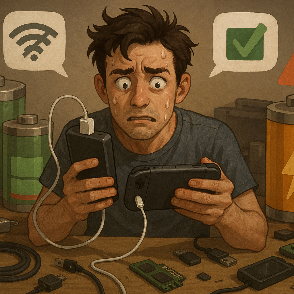 A tense gamer sweating while managing battery and devices, stress and determination to overcome technical hurdles, survival mode activated