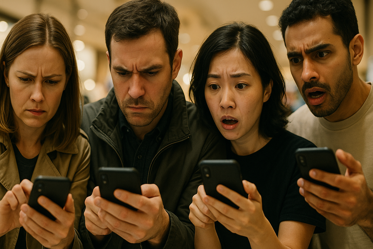 Four anxious friends intensely staring at their phones, suspense and nervous energy filling the air as they await important news