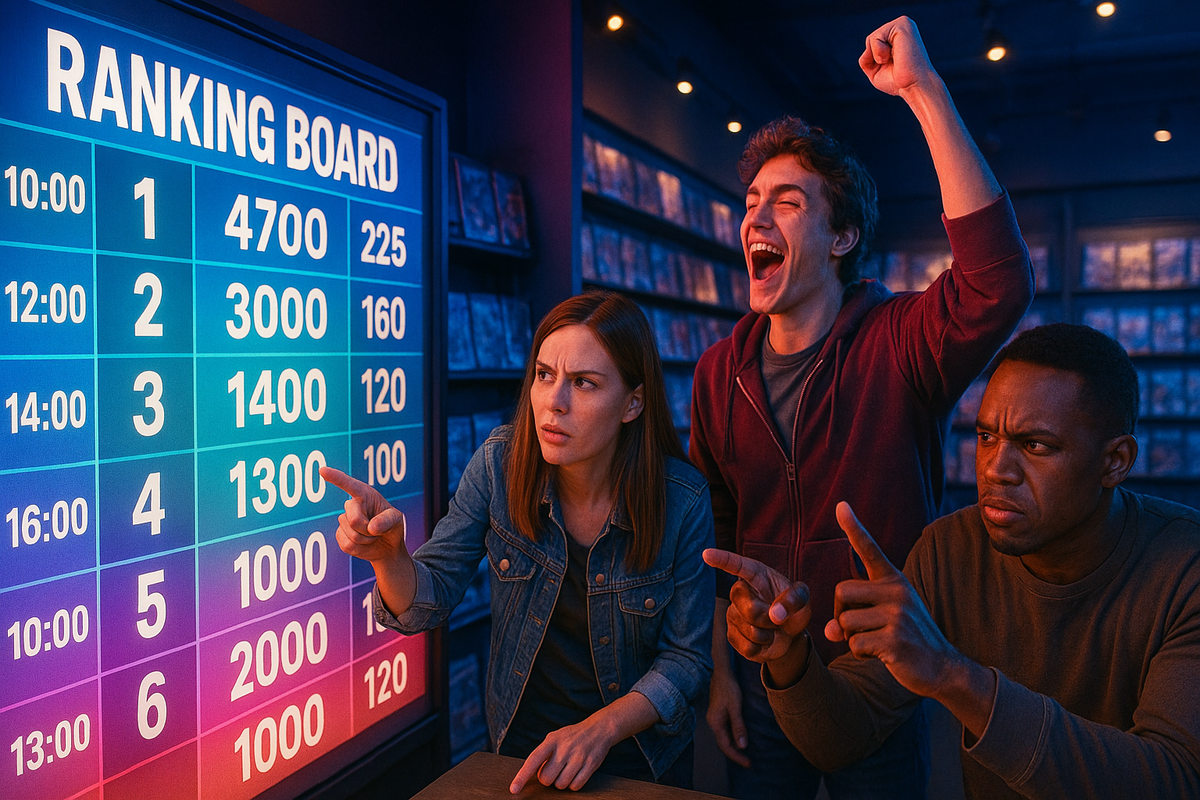 Gamers celebrating and reacting passionately in front of a ranking board, some thrilled, some tense, with dynamic energy and dramatic lighting