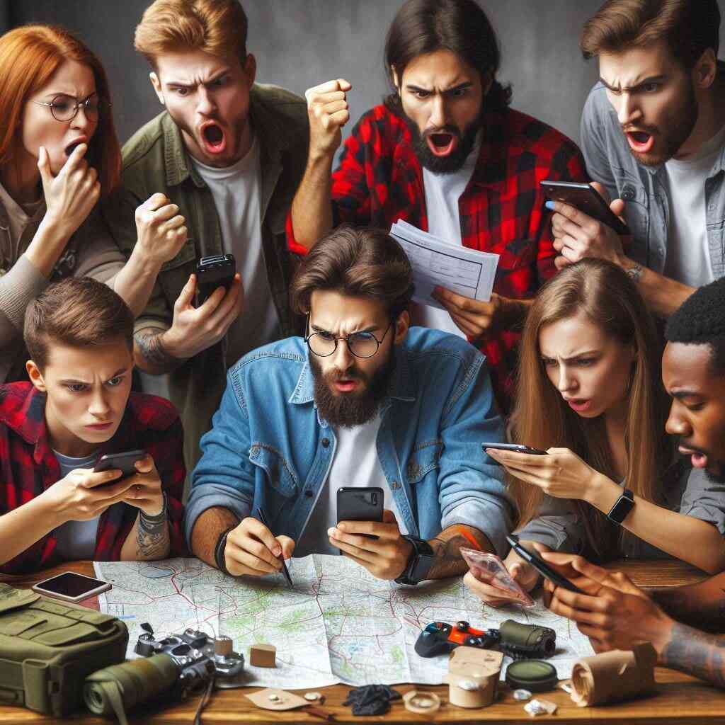 A group of people huddled around a map, strategizing with smartphones in hand, faces full of determination, urgency, and a sense of challenge