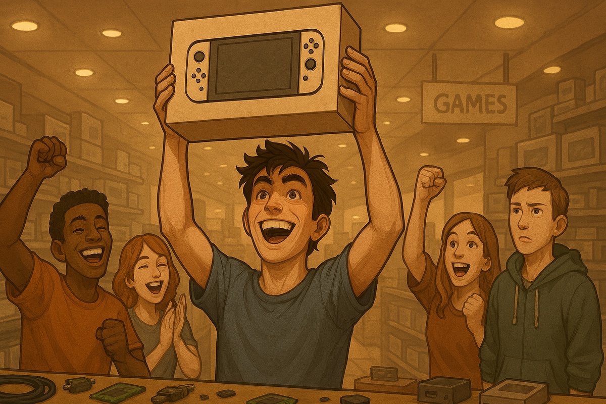 Split scenes of people smiling and chatting in a store, exchanging tips and excitement about a game console restock, lively and hopeful atmosphere