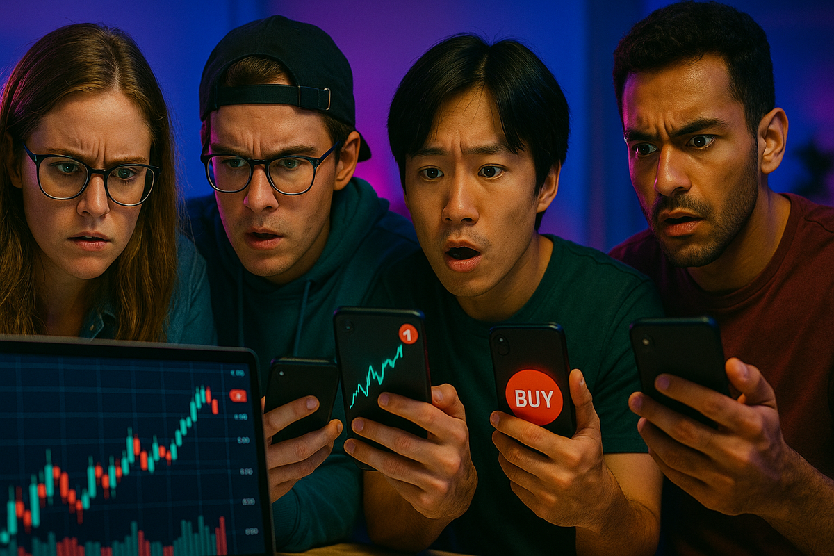 Four anxious friends staring intensely at their phones and a stock chart, brows furrowed in determination and urgency, as they desperately watch for a rare buying opportunity, tension and hope filling the air.