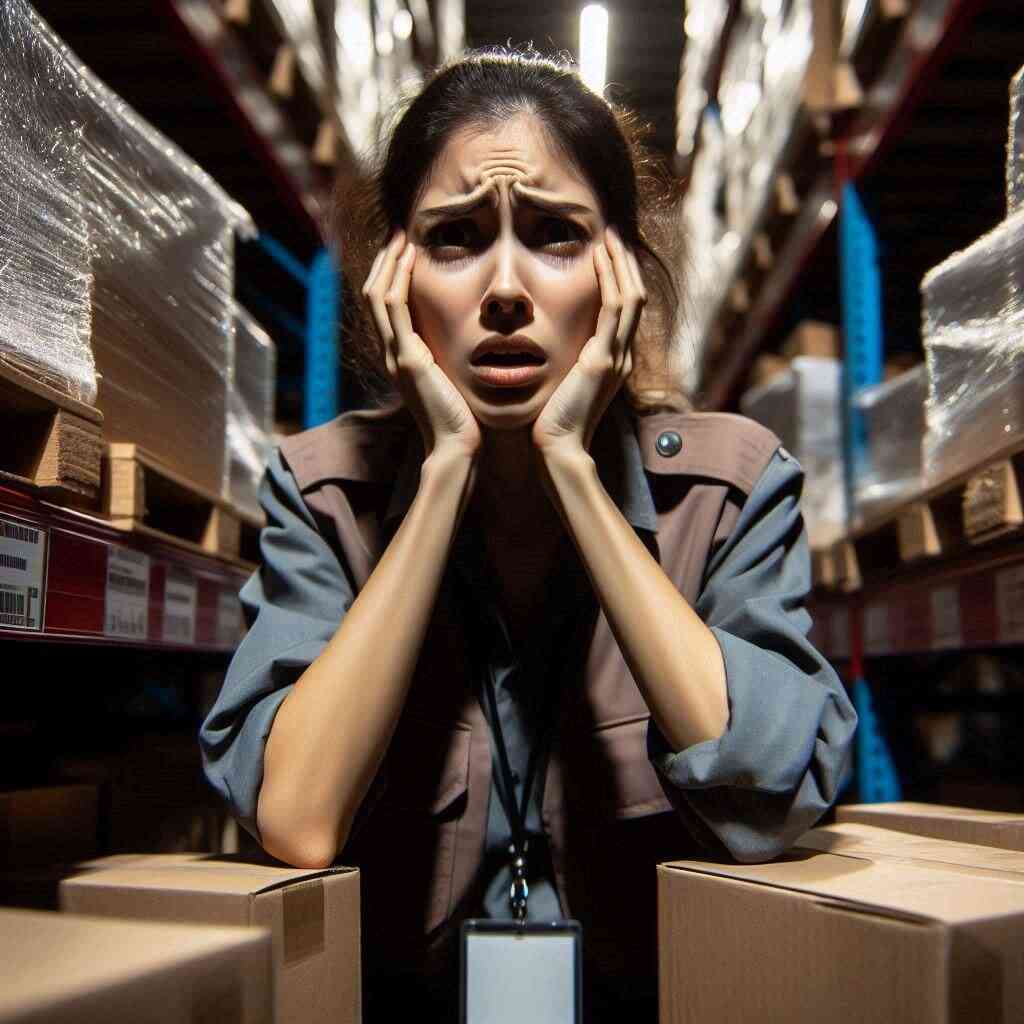 A warehouse worker sitting between towering boxes, holding her face in her hands with a dramatic, exhausted expression, overwhelmed by the chaos of demand and the pressure of scarce inventory.