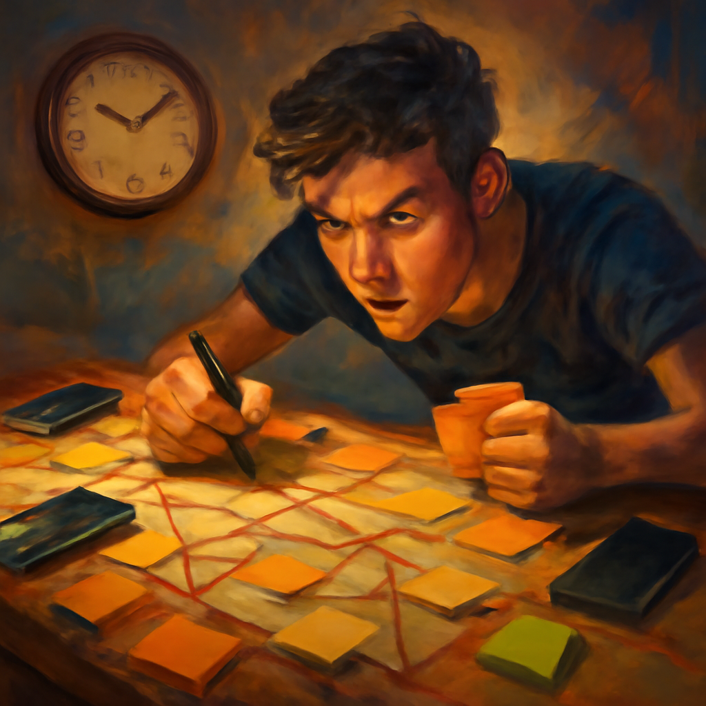 A determined gamer hunched over a table late at night, mapping out a strategic plan with sticky notes, surrounded by a swirl of urgency and hope, the clock ticking down to a critical restock moment.