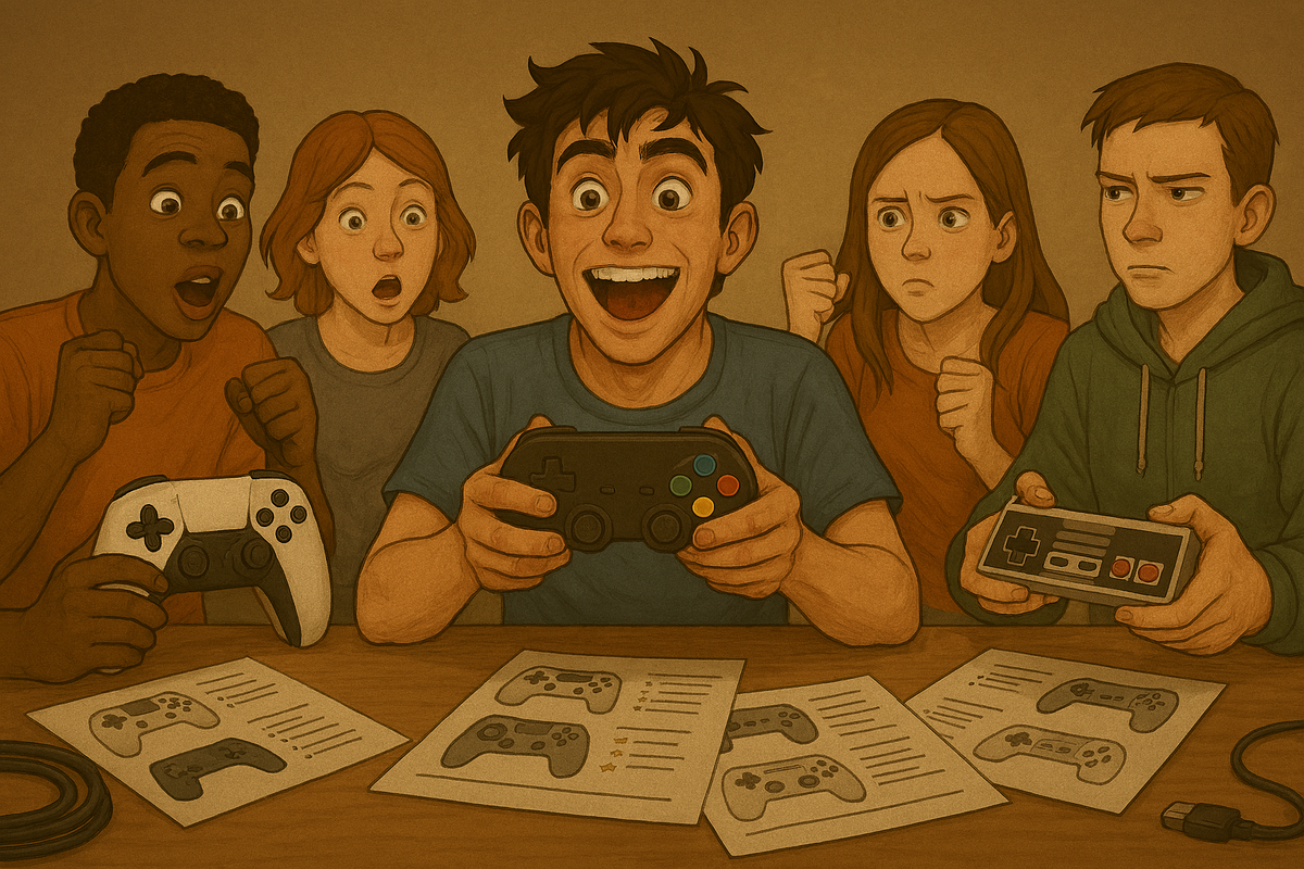 A joyful group of friends testing different game controllers, faces bursting with anticipation and delight, comparing features and sharing real excitement over finding the perfect controller, every expression full of wonder.