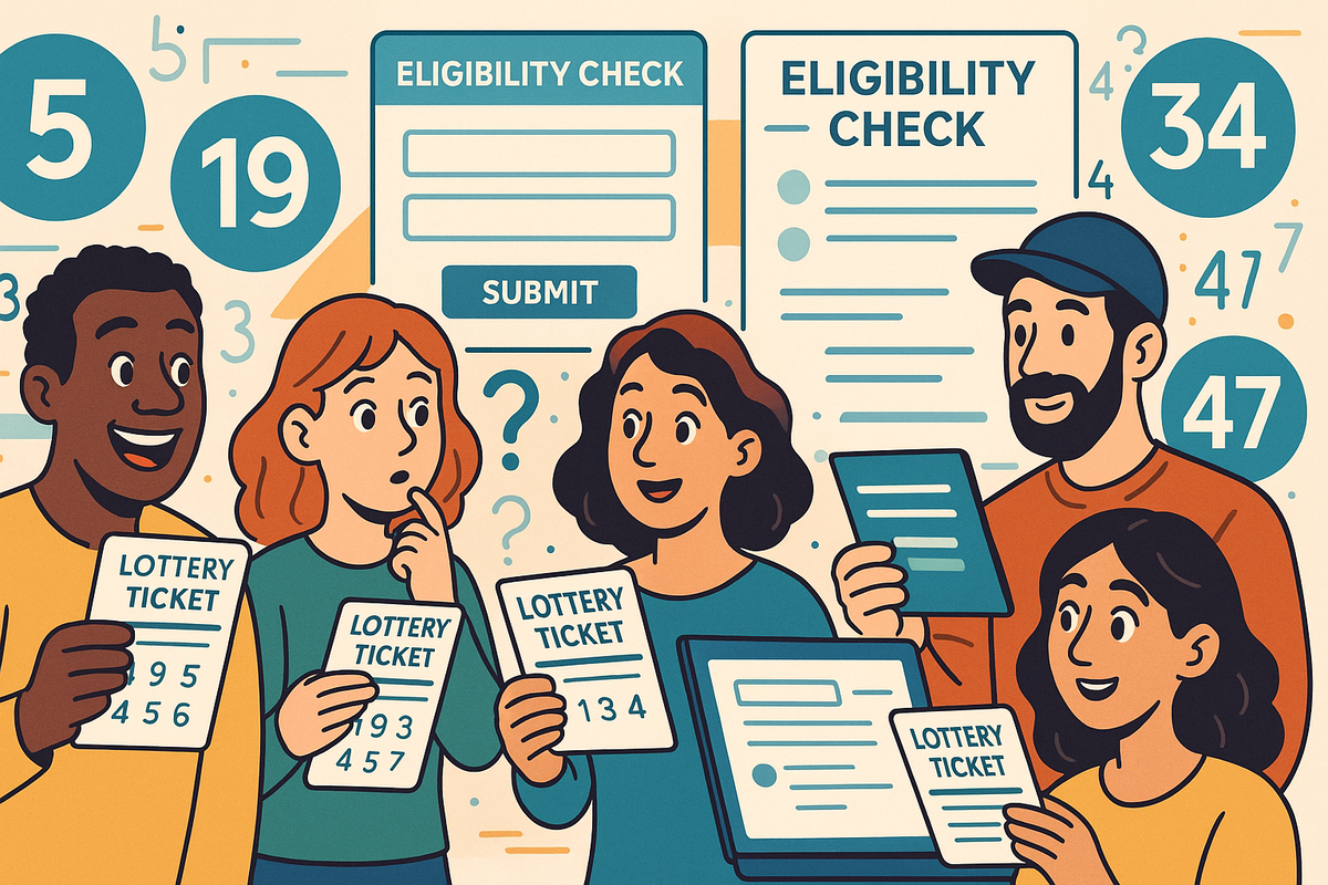 Cartoon style illustration of diverse people holding lottery tickets and digital devices, some checking eligibility or searching rules, their faces mixing curiosity, hope, and wonder, playful question marks floating in the air, evoking anticipation and community around a rare chance.