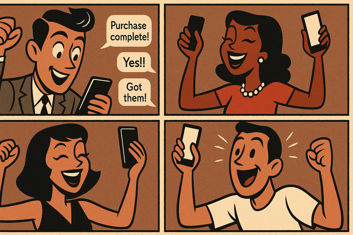 Retro comic panel showing multiple characters joyfully announcing “Purchase complete!” and “Yes!!” on their phones, throwing fists up, beaming with delight and triumph, their energetic poses overflowing with relief and accomplishment, the mood playful and universally relatable.